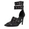 Pointed Toe Stiletto Heels Double Row Metal Belt Buckle Straps Pumps - Black Faux Leather