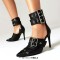 Pointed Toe Stiletto Heels Double Row Metal Belt Buckle Straps Pumps - Black Faux Leather