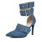 Pointed Toe Stiletto Heels Double Row Metal Belt Buckle Straps Pumps - Blue Denim