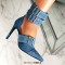Pointed Toe Stiletto Heels Double Row Metal Belt Buckle Straps Pumps - Blue Denim