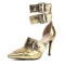 Pointed Toe Stiletto Heels Double Row Metal Belt Buckle Straps Pumps - Gold Faux Leather