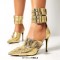 Pointed Toe Stiletto Heels Double Row Metal Belt Buckle Straps Pumps - Gold Faux Leather