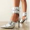 Pointed Toe Stiletto Heels Double Row Metal Belt Buckle Straps Pumps - Silver Faux Leather