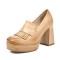 Round Toe Tassel  Chunky Heels Low Platforms College Style Loafers Pumps - Apricot Faux Leather