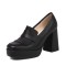 Round Toe Tassel  Chunky Heels Low Platforms College Style Loafers Pumps - Black Faux Leather
