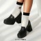Round Toe Tassel  Chunky Heels Low Platforms College Style Loafers Pumps - Black Faux Leather