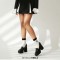 Round Toe Tassel  Chunky Heels Low Platforms College Style Loafers Pumps - Black Faux Leather