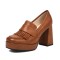 Round Toe Tassel  Chunky Heels Low Platforms College Style Loafers Pumps - Brown Faux Leather