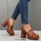 Round Toe Tassel  Chunky Heels Low Platforms College Style Loafers Pumps - Brown Faux Leather