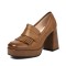 Round Toe Tassel  Chunky Heels Low Platforms College Style Loafers Pumps - Khaki Faux Leather