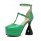 Round Toe Ankle Buckle T Straps Bowling Chunky Heels Platforms Pumps - Green Faux Leather