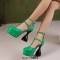 Round Toe Ankle Buckle T Straps Bowling Chunky Heels Platforms Pumps - Green Faux Leather