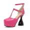 Round Toe Ankle Buckle T Straps Bowling Chunky Heels Platforms Pumps - Rose Faux Leather