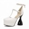 Round Toe Ankle Buckle T Straps Bowling Chunky Heels Platforms Pumps - White Faux Leather