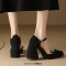 Pointed Toe Chunky Heels Mary Janes Classic Elegant Sandals - Black Fabric
