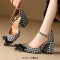 Pointed Toe Chunky Heels Mary Janes Classic Elegant Sandals - Checkered White Fabric