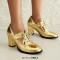 Pointed Toe Chunky Heels Lace Up Party Dance Club Style Summer Loafers Pumps - Gold Faux Leather