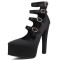 Pointed Toe Block Heels Platforms Ankle Highs Straps Pumps - Black Satin
