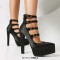 Pointed Toe Block Heels Platforms Ankle Highs Straps Pumps - Black Satin