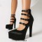 Pointed Toe Block Heels Platforms Ankle Highs Straps Pumps - Black Satin