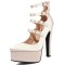 Pointed Toe Block Heels Platforms Ankle Highs Straps Pumps - Champagne Satin