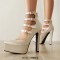 Pointed Toe Block Heels Platforms Ankle Highs Straps Pumps - Champagne Satin