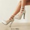 Pointed Toe Block Heels Platforms Ankle Highs Straps Pumps - Champagne Satin
