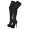 Round Toe Stiletto Heels Over The Knees Thigh Highs Platforms Booties - Black Flock
