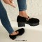 Round Toe Mary Janes Chunky Heels Platforms Fluffy Pumps - Black Plush Wool