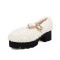 Round Toe Mary Janes Chunky Heels Platforms Fluffy Pumps - White Plush Wool