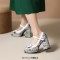 Square Toe Bowtied Mary Janes Chunky Heels Low Platforms Flower Print Pumps - Black Patent