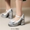 Square Toe Bowtied Mary Janes Chunky Heels Low Platforms Flower Print Pumps - Black Patent