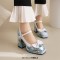 Square Toe Bowtied Mary Janes Chunky Heels Low Platforms Flower Print Pumps - SkyBlue Patent