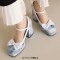Square Toe Bowtied Mary Janes Chunky Heels Low Platforms Flower Print Pumps - SkyBlue Patent
