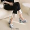 Square Toe Bowtied Mary Janes Chunky Heels Low Platforms Flower Print Pumps - SkyBlue Patent