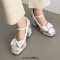Square Toe Bowtied Mary Janes Chunky Heels Low Platforms Flower Print Pumps - White Patent