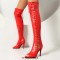 Peep Toe Stiletto Heels Crosstied Lace Up Over The Knees Thigh High Side Zipper Booties - Red Faux Leather
