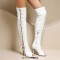 Peep Toe Stiletto Heels Crosstied Lace Up Over The Knees Thigh High Side Zipper Booties - White Faux Leather