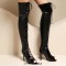 Peep Toe Stiletto Heels Lace Up Over The Knees Thigh High Back Zipper Booties - Black Patent