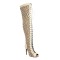 Peep Toe Stiletto Heels Lace Up Flock Hollow Over The Knees Thigh High Back Zipper Booties - Beige Patent