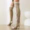 Peep Toe Stiletto Heels Lace Up Flock Hollow Over The Knees Thigh High Back Zipper Booties - Beige Patent