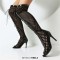 Peep Toe Stiletto Heels Lace Up Flock Hollow Over The Knees Thigh High Back Zipper Booties - Black Patent