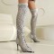 Peep Toe Stiletto Heels Lace Up Flock Hollow Over The Knees Thigh High Back Zipper Booties - Gray Patent