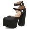 Round Toe Platforms Double Mary Janes Straps Back Zipper Vintage Style Chunky Heels Sandals - Black Faux Leather
