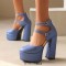Round Toe Platforms Double Mary Janes Straps Back Zipper Vintage Style Chunky Heels Sandals - Blue Faux Leather