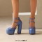 Round Toe Platforms Double Mary Janes Straps Back Zipper Vintage Style Chunky Heels Sandals - Blue Faux Leather