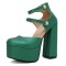 Round Toe Platforms Double Mary Janes Straps Back Zipper Vintage Style Chunky Heels Sandals - Green Faux Leather