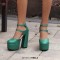 Round Toe Platforms Double Mary Janes Straps Back Zipper Vintage Style Chunky Heels Sandals - Green Faux Leather