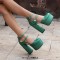 Round Toe Platforms Double Mary Janes Straps Back Zipper Vintage Style Chunky Heels Sandals - Green Faux Leather