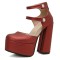 Round Toe Platforms Double Mary Janes Straps Back Zipper Vintage Style Chunky Heels Sandals - Red Faux Leather